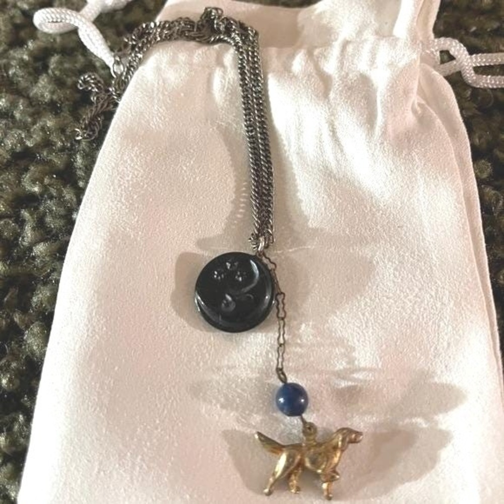 Black Onyx‎ Moon charm necklace with dog on silver 15" chain with blue bead
